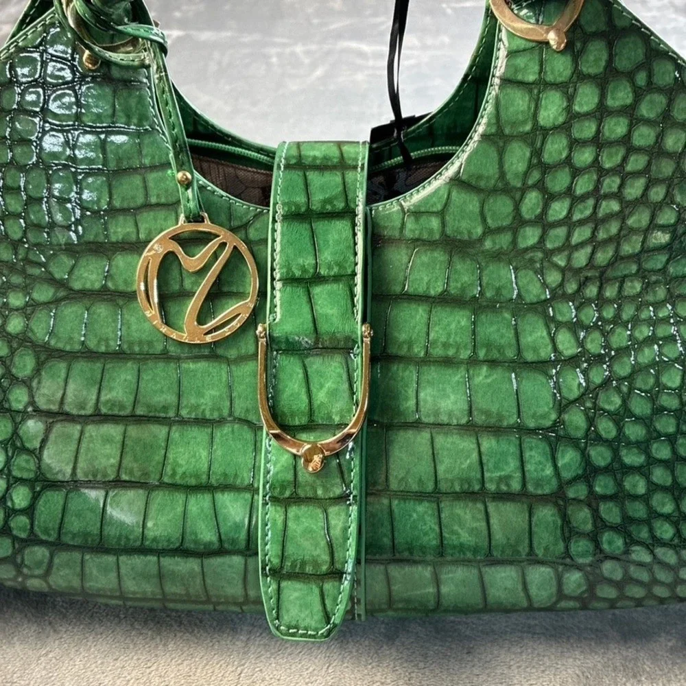 NEW Miracle Zone Green Croc Embossed Satchel Handbag Gold Hardware NJ0001 GN
